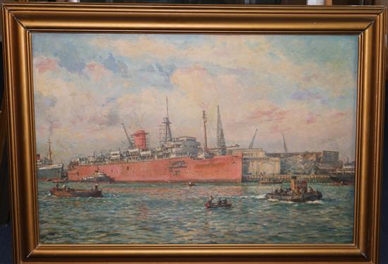Bernard Gribble (1873-1962) Merchant ship in harbour 19.5 x 29.5in.